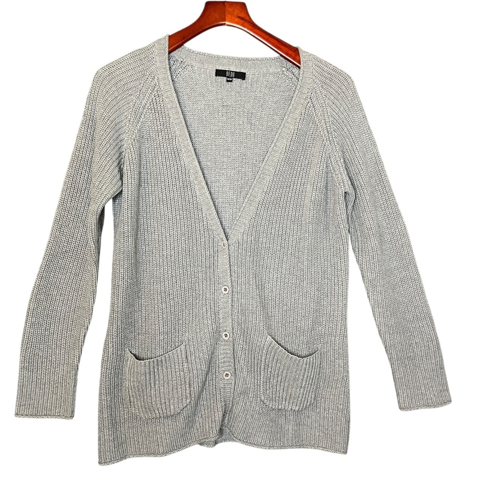 Bedo Womens Gray Ribbed Knit Button Front Cardigan Sweater M Grandpa Core Basic‎